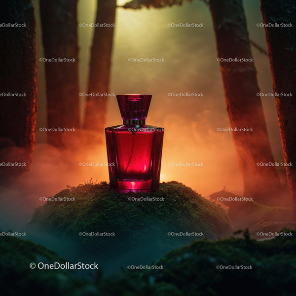 Elegant Red Perfume Bottle in Mystical Forest Scene JPG Mockup Image