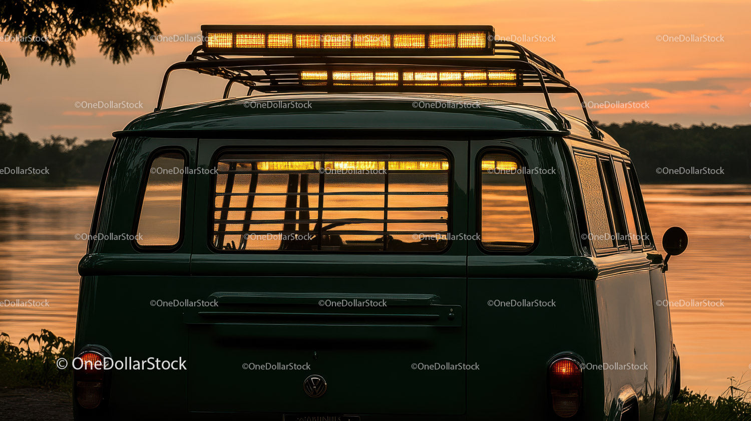 Vintage Green Van Near Water During Sunset Landscape