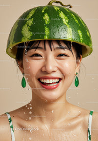 Smiling woman wearing watermelon helmet with water drops