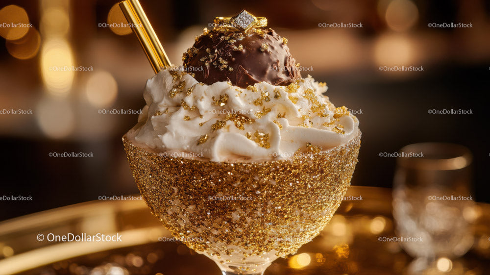 Luxurious Chocolate Ice Cream in Gold Glittered Glass with Edible Gold