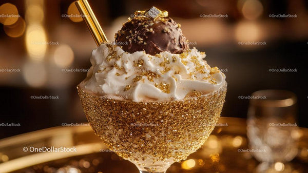 Luxurious Chocolate Ice Cream in Gold Glittered Glass with Edible Gold