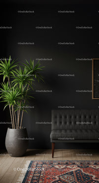 Stylish Modern Living Room with Tall Green Plant and Grey Sofa