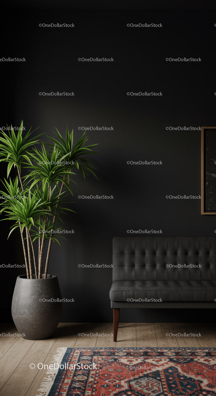 Stylowy, nowoczesny salon z wysoką zieloną rośliną i szarą sofą