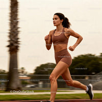 Focused young woman running outdoors at sunset
