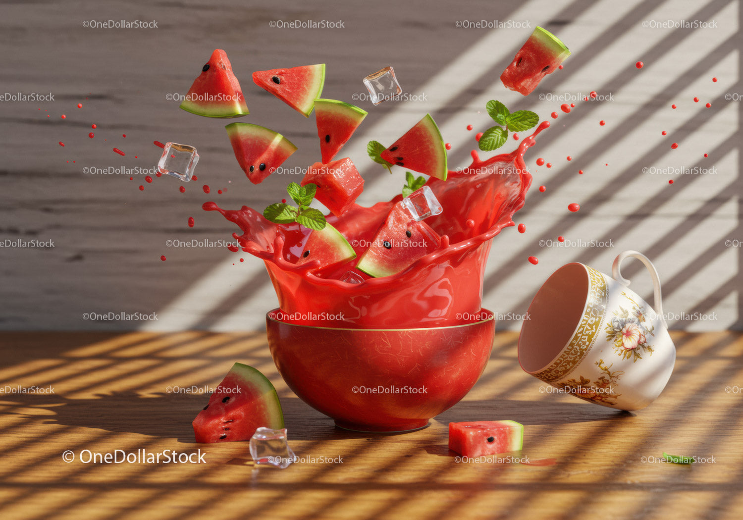 Refreshing watermelon pieces splashing from vibrant red bowl