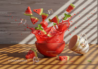 Refreshing watermelon pieces splashing from vibrant red bowl