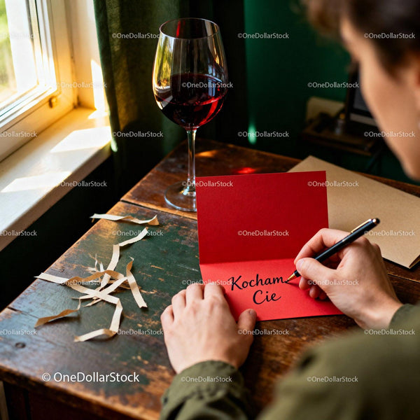 Man writing love note with glass of red wine in cozy room
