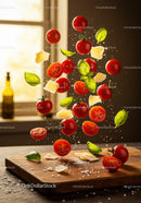 Fresh cherry tomatoes with basil and parmesan falling on board