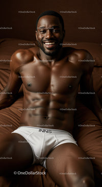 Smiling muscular man relaxing on brown bedding