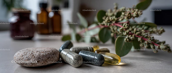 Herbal and Dietary Supplements with Green and Gray Capsules on a Rustic Surface