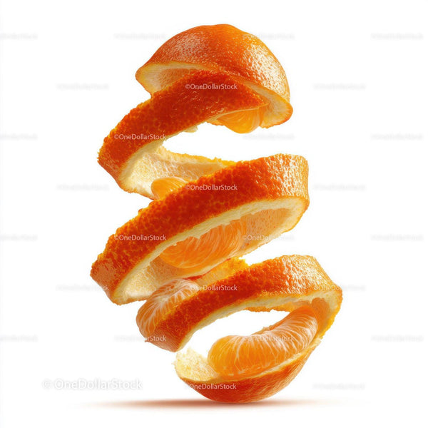 Bright Juicy Orange Slices with Peel Spiral in Fresh Food Composition