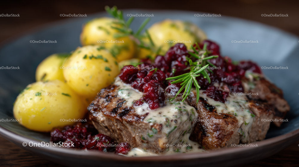 Gourmet Beef Steak with Mashed Potatoes and Herb Garnish