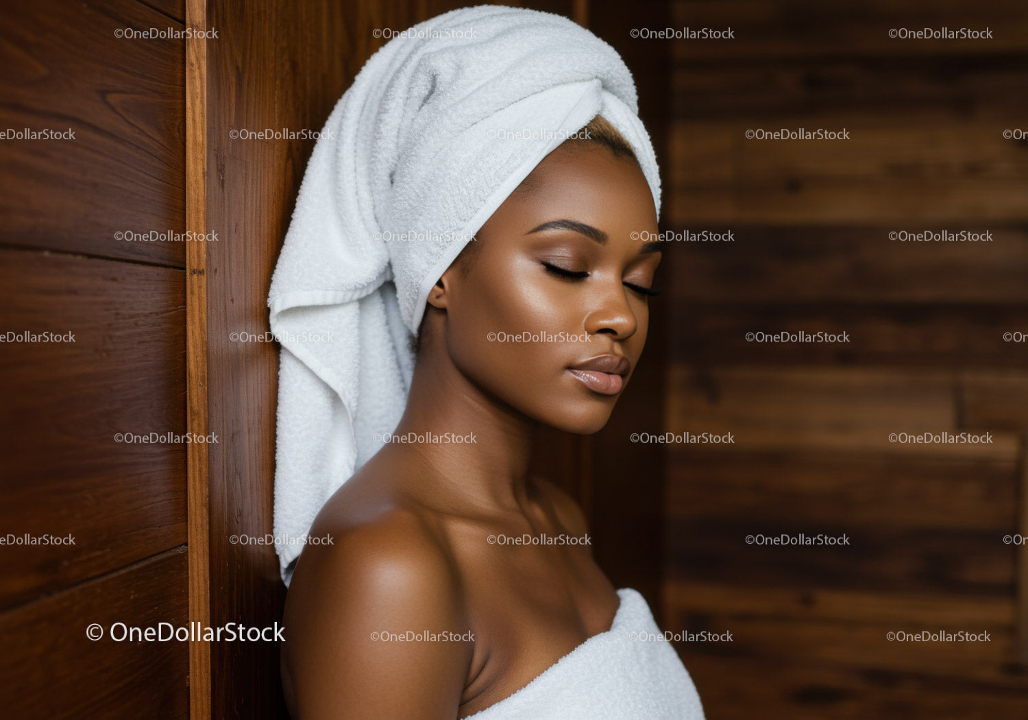 Relaxing Woman with Towel Wrap at Spa with Wooden Wall
