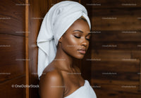 Relaxing Woman with Towel Wrap at Spa with Wooden Wall