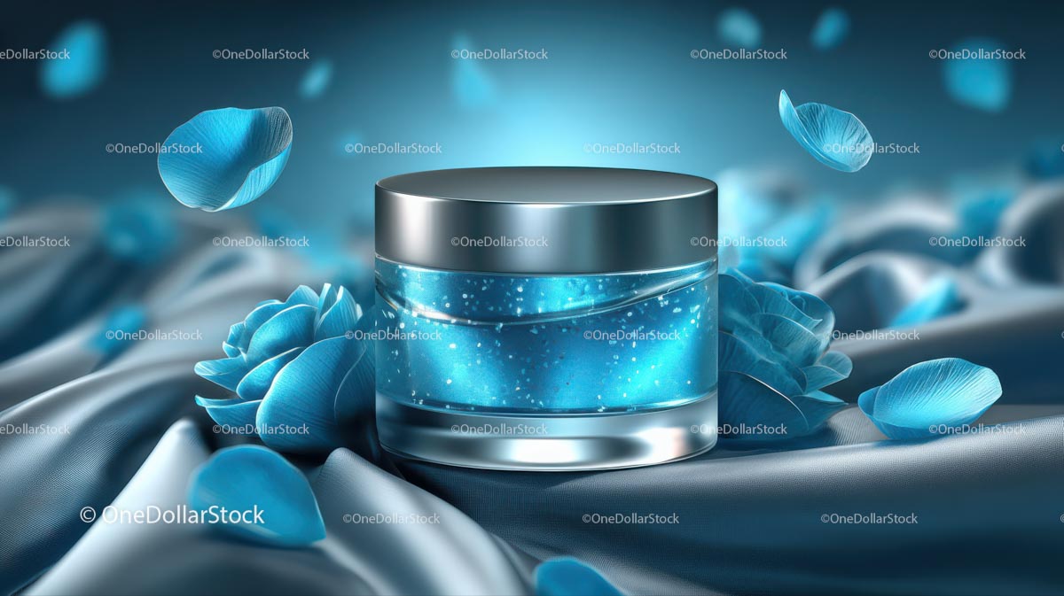 Luxury Blue Cosmetic Jar Surrounded by Elegant Floral Accents