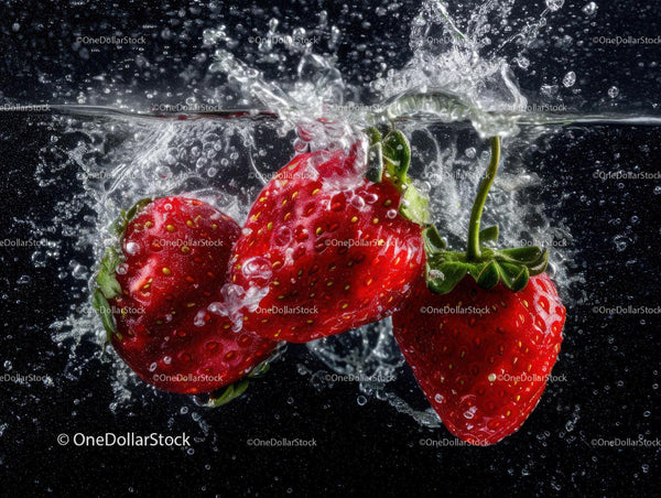 Fresh Ripe Strawberries Jumping into Water in Underwater Shot