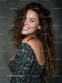 Portrait of a Smiling Woman with Curly Hair in a Casual Outfit