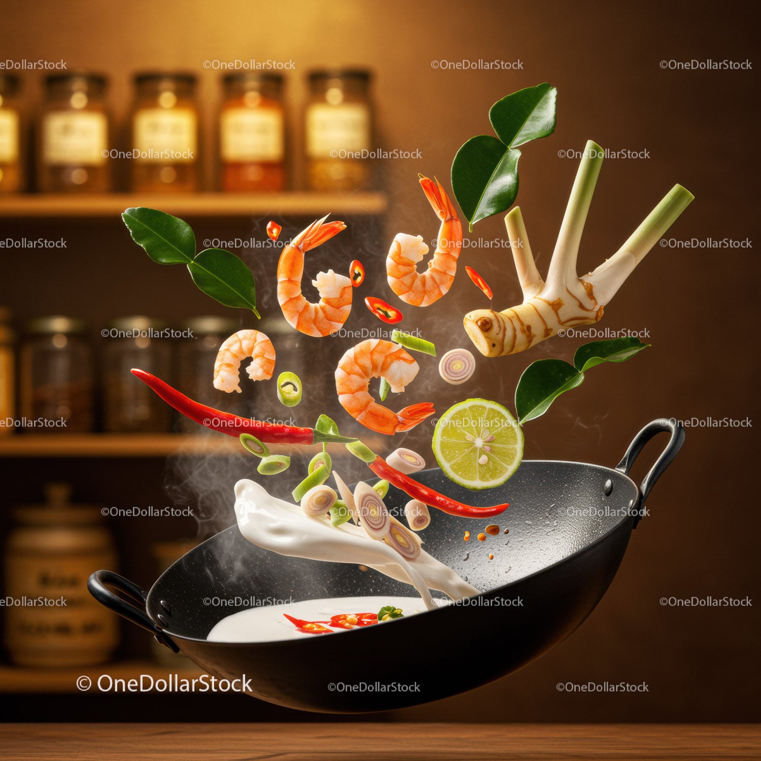 Fresh Shrimp and Aromatic Ingredients Stirring in Wok