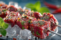 Raw beef kebabs with herbs and spices on ice