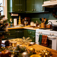 Cozy kitchen decorated for warm Christmas celebration