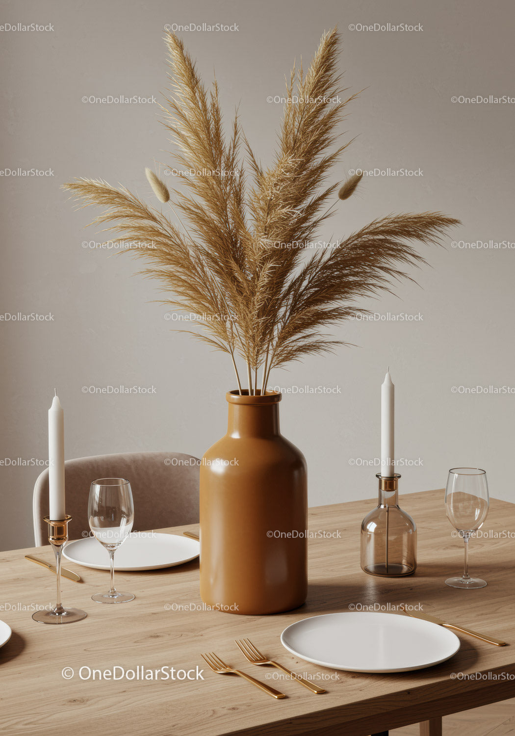 Elegant Dining Table with Amber Vase and Pampas Grass