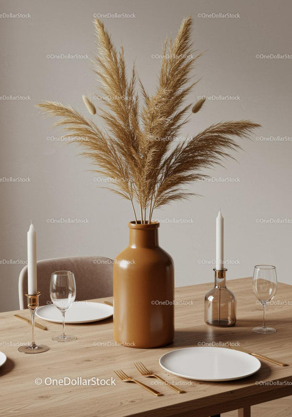 Elegant Dining Table with Amber Vase and Pampas Grass