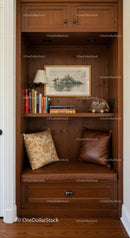 Warm Wooden Reading Nook with Cushions and Books in Cozy Home Corner