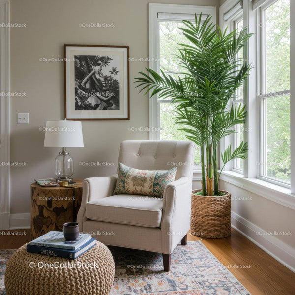 Bright Cozy Living Room with Large Green Plant and Armchair