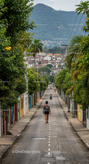 Scenic Mountain Town Street Scene with Tropical Greenery and Colorful Homes