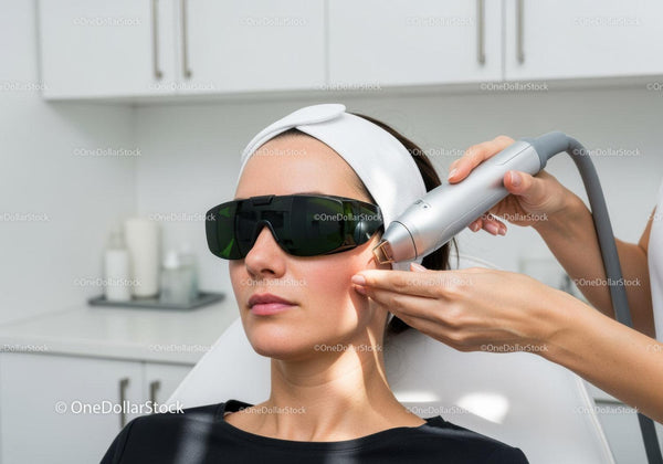 Kobieta poddająca się laserowemu zabiegowi odmładzania skóry w nowoczesnej klinice