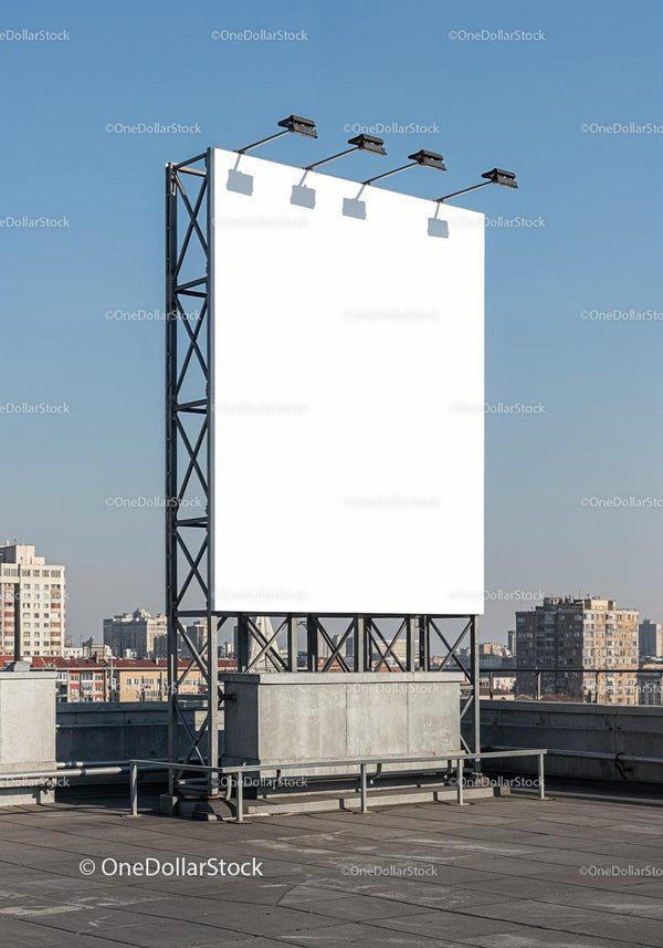 Blank Billboard on Rooftop Overlooking Cityscape JPG Mockup Image