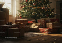 Cozy Living Room with Christmas Tree and Wrapped Gifts