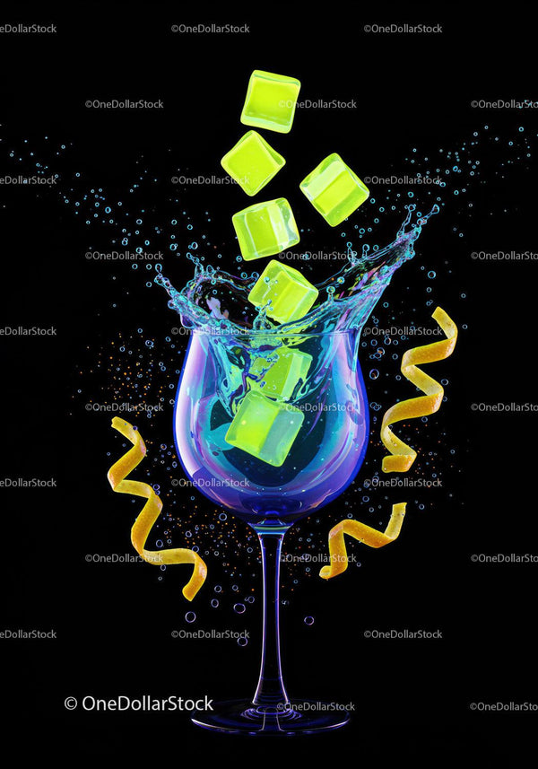 Vibrant lime ice cubes splashing into elegant glass