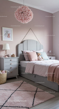 Pink and Gray Children's Bedroom with Cozy Decor and Plush Accessories