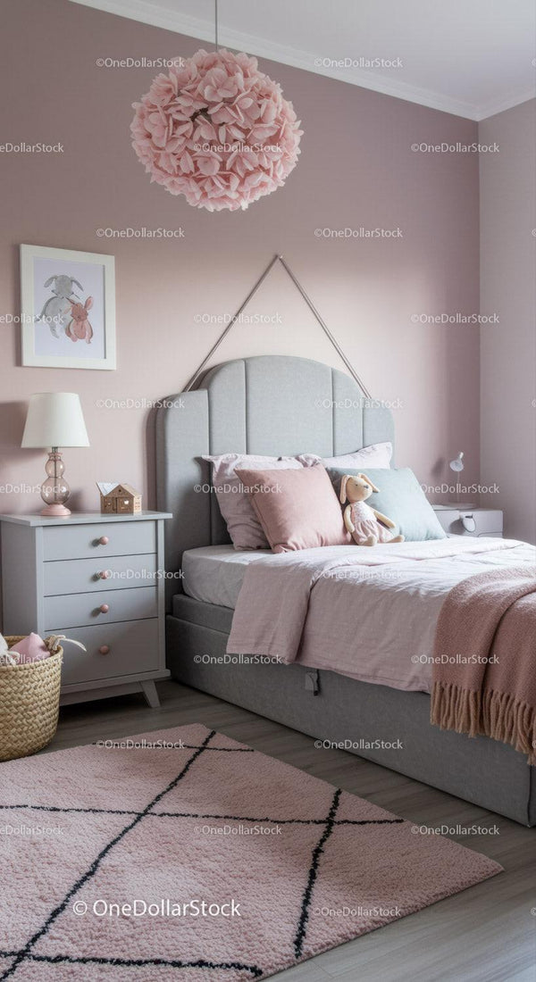 Pink and Gray Children's Bedroom with Cozy Decor and Plush Accessories