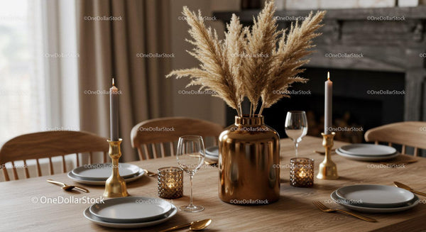 Elegant Dining Table Decor with Pampas Grass and Gold Accents