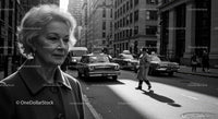 Elderly Woman in Busy City Street Surrounded by Vintage Cars