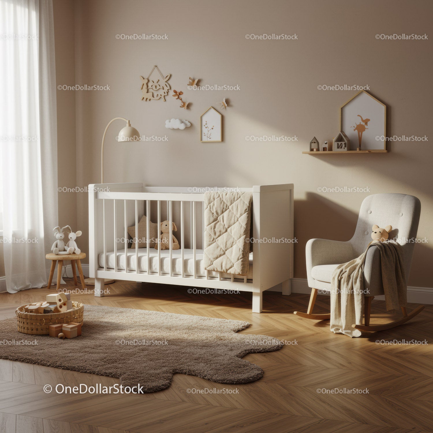 Cozy neutral-toned nursery with crib and rocking chair