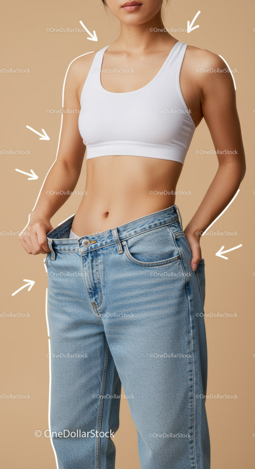 Confident Young Woman in White Sports Bra and Loose Fit Denim Jeans