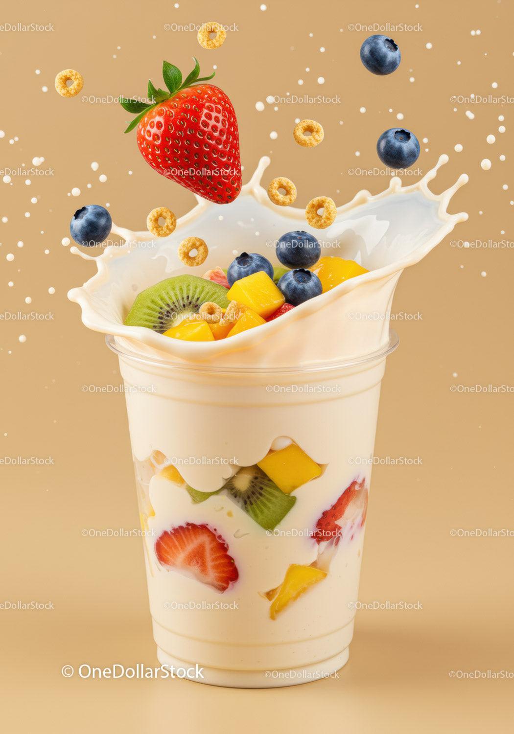 Fresh Fruit and Cereal Splash into Creamy Yogurt