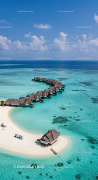 Beautiful Overwater Bungalows on Turquoise Ocean with White Sandy Beach