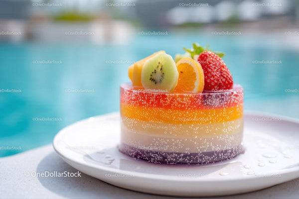 Colorful Layered Fruit Jelly Cake with Fresh Fruit Toppings
