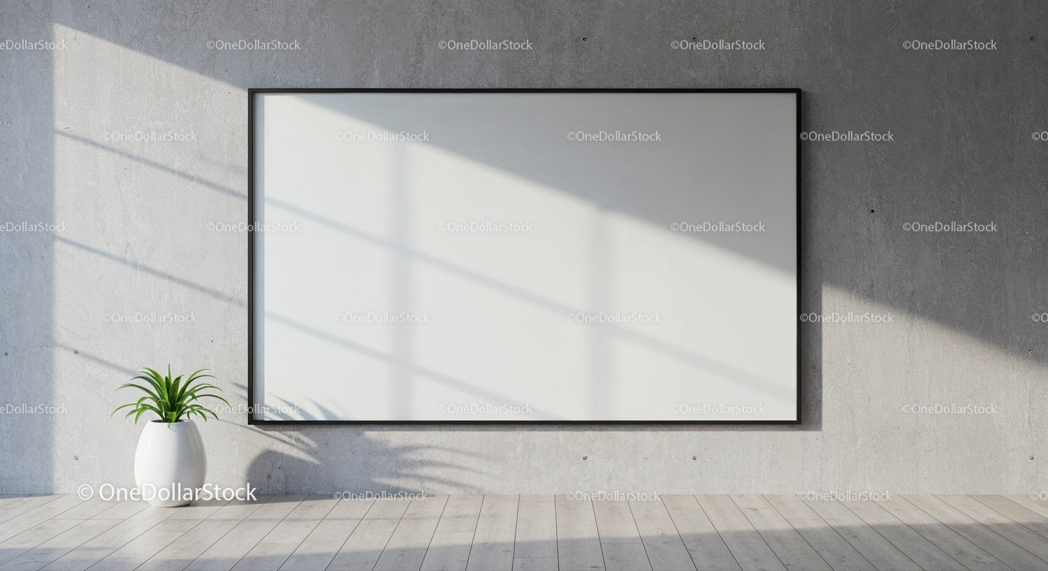 Minimalist blank canvas on concrete wall with plant