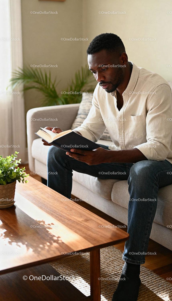 Focused man reading a book in a cozy living room