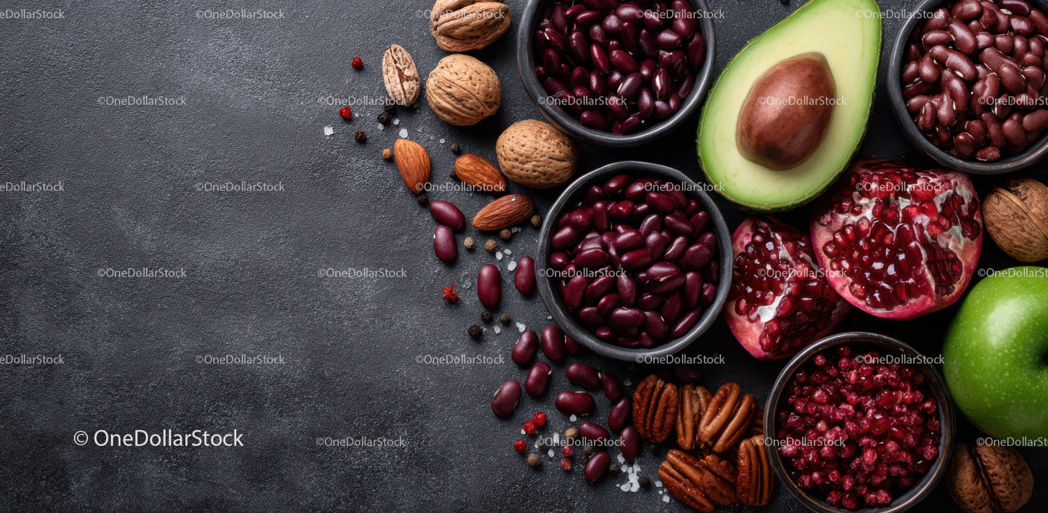 Fresh Vegetables and Nuts with Avocado and Pomegranate on Dark Surface
