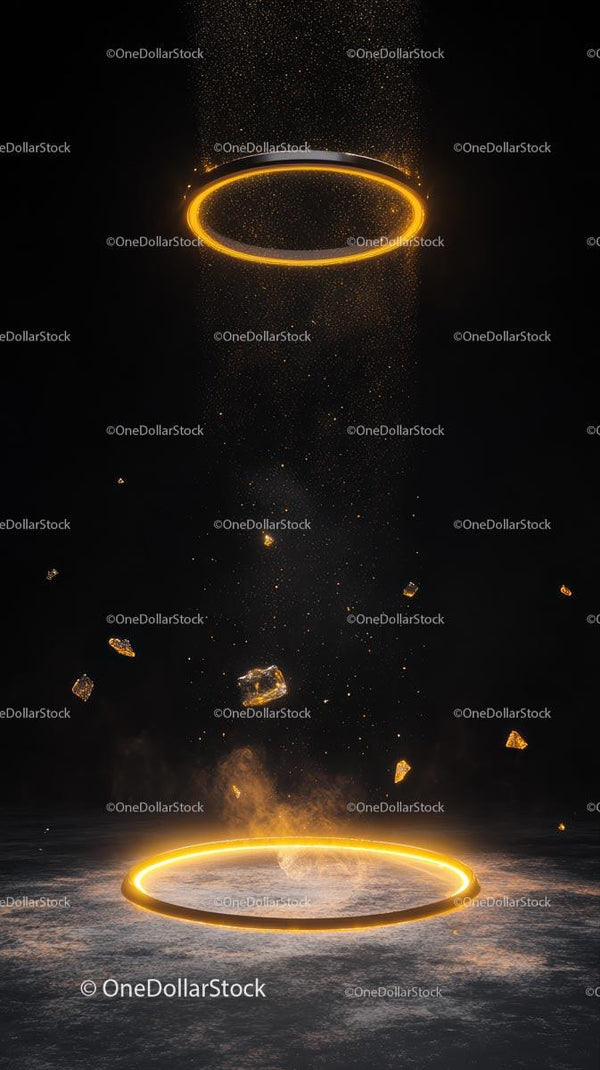 Floating Glowing Ring with Sparks and Particles in Dark Background