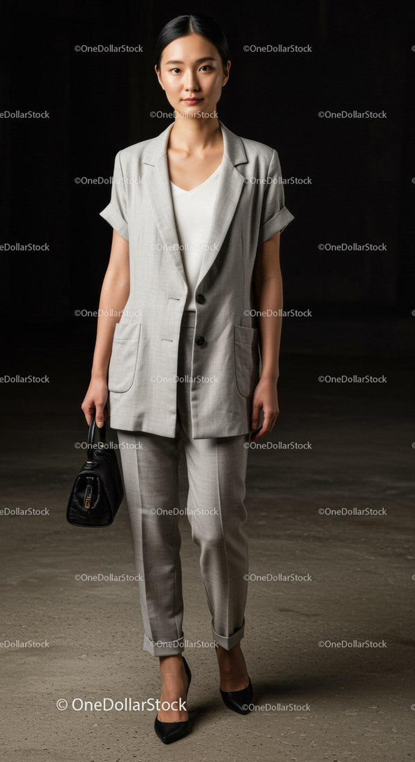 Professional Businesswoman in Gray Suit with Handbag in Studio Setting