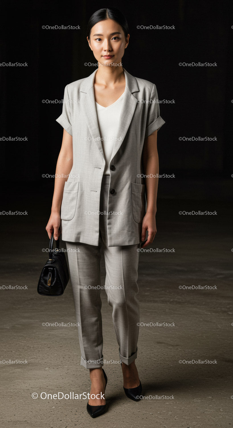 Professional Businesswoman in Gray Suit with Handbag in Studio Setting