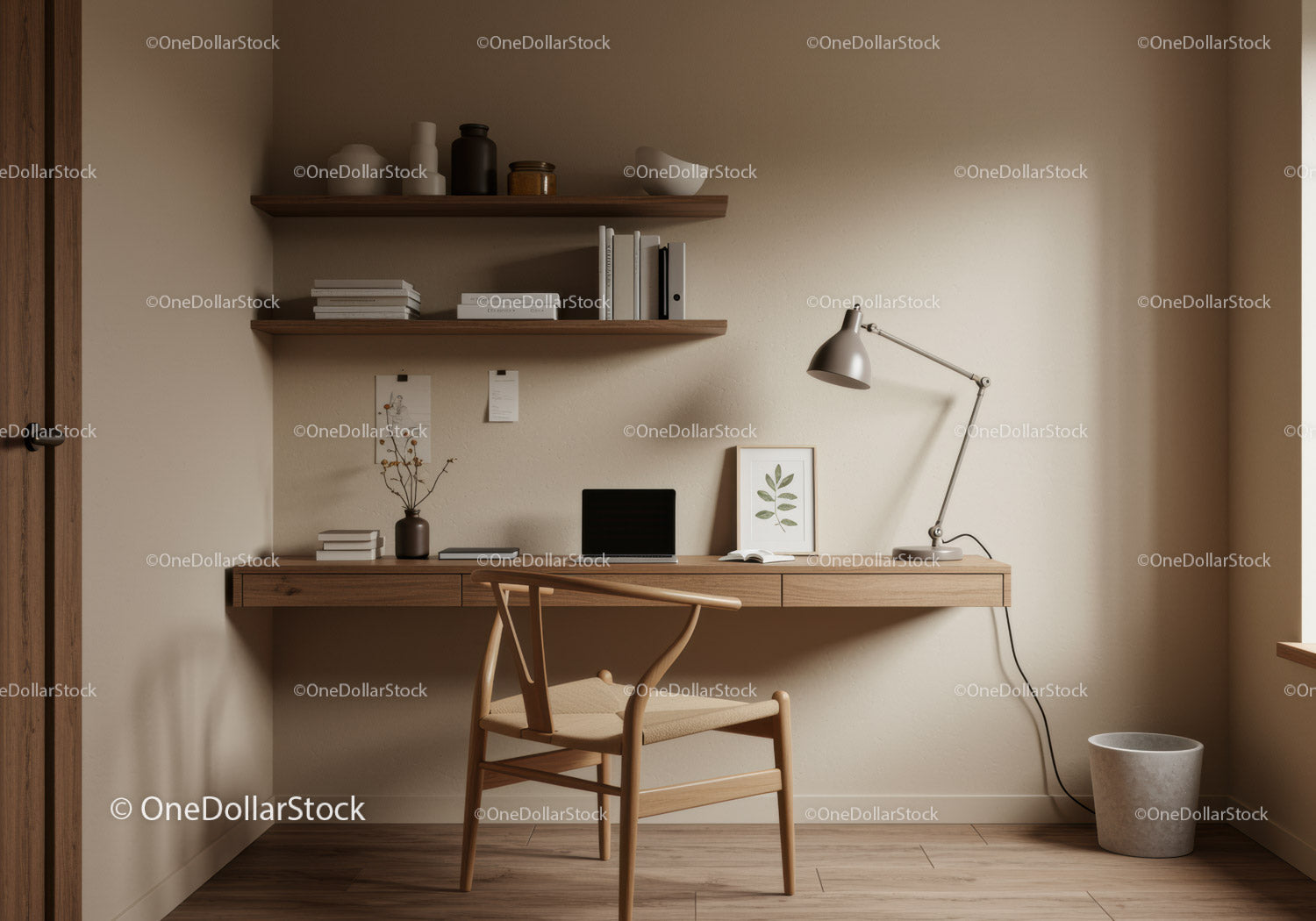 Minimalist wooden workspace with natural decor elements