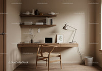 Minimalist wooden workspace with natural decor elements